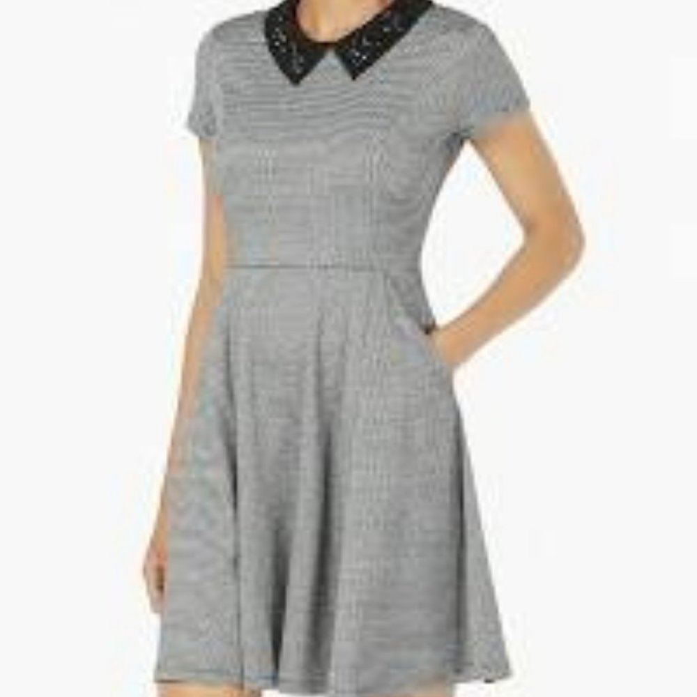 Maison Jules Embellished-Collar Houndstooth Dress